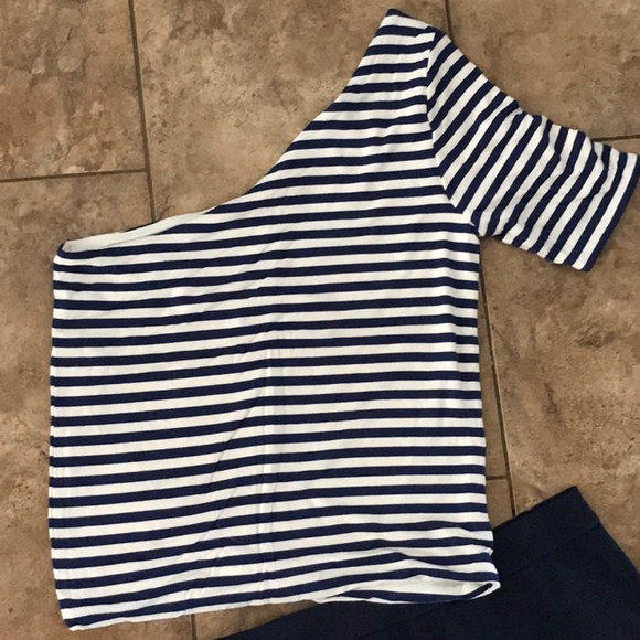 J Crew one shoulder navy stripe t shirt nautical vacation style! Lined - Picture 4 of 5
